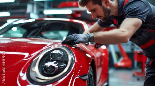 closeup of auto body mechanic carefully buffing scratch on red sports car professional vehicle repair service