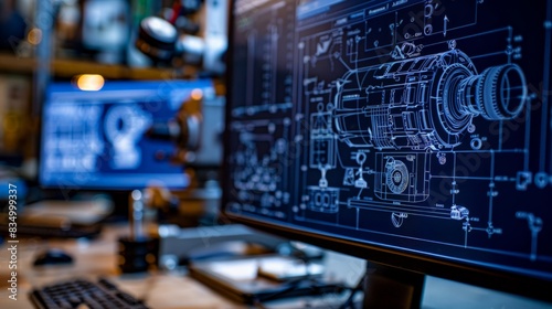 CAD Software on Screen: Capture a close-up of a computer screen displaying CAD (Computer-Aided Design) software, with detailed engineering drawings