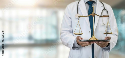 Medical ethics doctor holding scales of justice in hands analyzing fairness and integrity in healthcare
