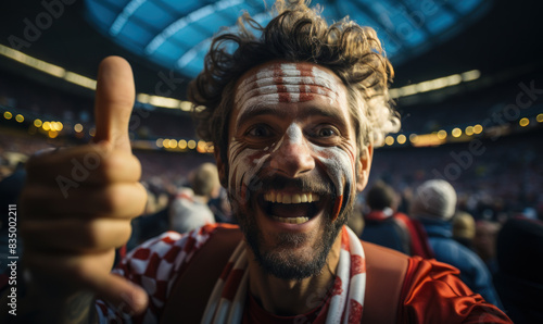 Vibrant Portrait of a Joyful male Croatian Supporter with a Croatian Flag Painted on His Face, Celebrating at UEFA EURO 2024