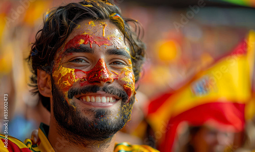 Vibrant Portrait of a Joyful male Spain Supporter with a Spanish Flag Painted on His Face, Celebrating at UEFA EURO 2024