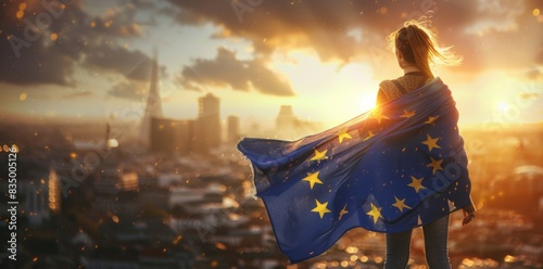 A woman with the flag of European Union is standing atop and looking at a cityscape.
