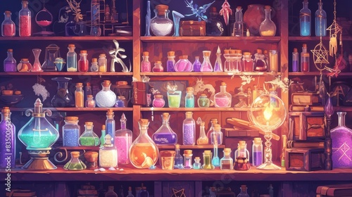 Bright Illustration of occult magic magazine and shelf with various potions, bottles, poisons, crystals, salt. Alchemical medicine concept 