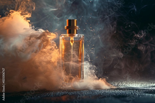 A glass perfume bottle with a gold cap sits on a dark background, surrounded by a cloud of mist. Generative AI