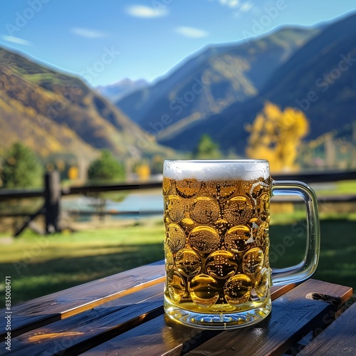 Kufel piwa na tle malowniczych gór w słoneczny dzień