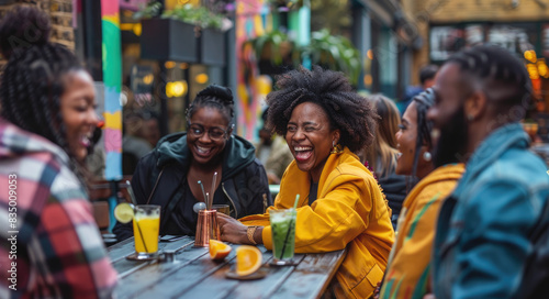 A group of friends having drinks at an outdoor bar in the city, laughing and enjoying each other's company. They're surrounded by various cocktails on small plates with snacks like bread sticks or fri