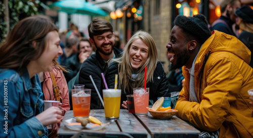 A group of friends having drinks at an outdoor bar in the city, laughing and enjoying each other's company. They're surrounded by various cocktails on small plates with snacks like bread sticks or fri