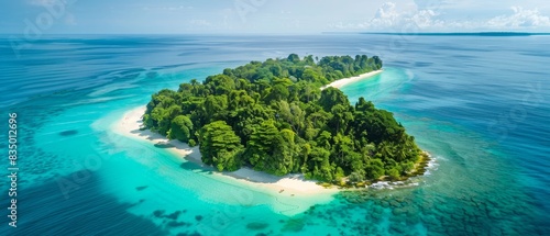 Aerial view of a tropical island surrounded by turquoise waters, featuring lush greenery and pristine beaches under a clear, blue sky.