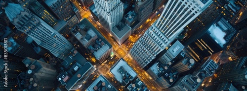 Aerial view of New York City streets and buildings at night.