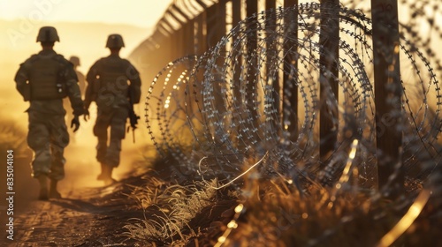 Soldiers walking along the border fence with barbed wire.