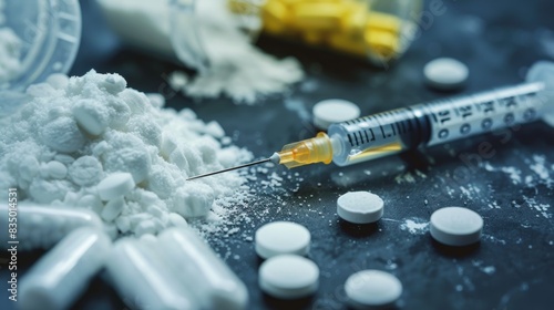 Close-up of various drugs including powder, pills, and a syringe on a dark surface, highlighting the issue of substance abuse.