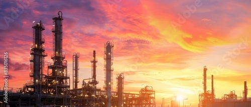Industrial refinery silhouette against a vivid sunset sky, depicting the beauty and complexity of large-scale industry.