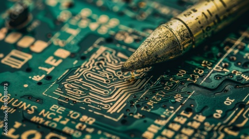 Close-up of electronic circuit board with soldering iron, showcasing intricate components and technology details in vibrant green and gold colors.