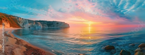 Beautiful panoramic view of colorful sunset over the sea with beach and cliff in background.