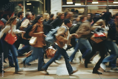 A crowd of people running through a mall. The scene is chaotic and busy, with people carrying backpacks and handbags. Scene is frenzied and energetic, as the people seem to be in a hurry