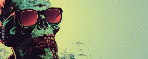 A cool zombie with a bloody face and sunglasses is the main focus of the image. The zombie face is covered in blood and he is wearing sunglasses