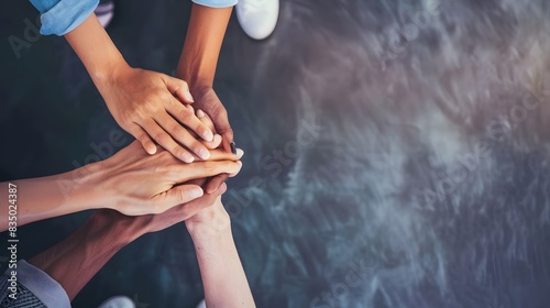 Diverse hands stacking together in a symbolic gesture of unity and teamwork, highlighting the importance of collaboration and mutual support.