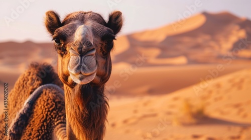 A camel stands in the desert, looking out at the sunset