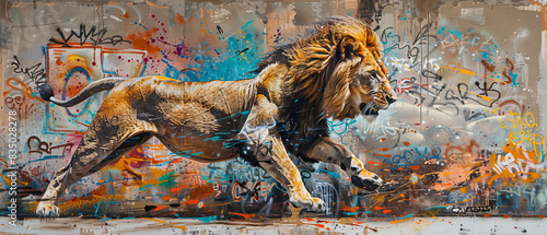 The lions powerful stride captured against a backdrop of urban graffiti