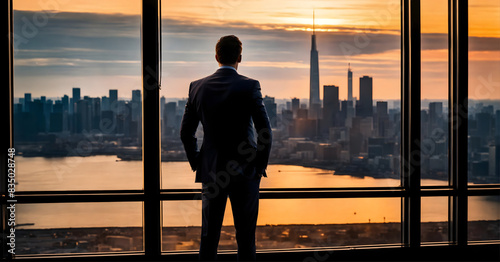 Successful entrepreneur observing city from office, confident businessman back side in city landscape, start-up founder looking at architecture building and nature