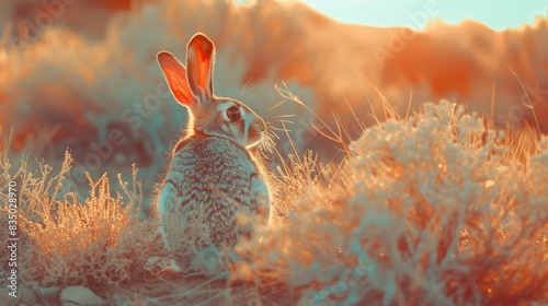 A desert hare sits in the grass, bathed in the golden light of the setting sun