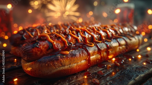 A delicious grilled hotdog with mustard and ketchup drizzles, surrounded by glowing embers