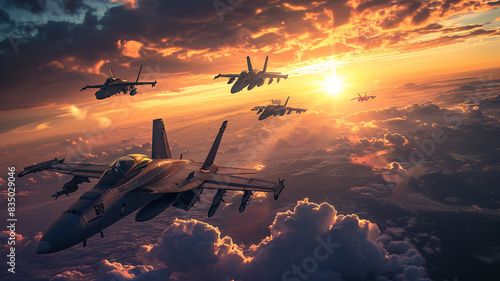 An expressive photograph of a squadron of fighter jets executing a synchronized aerial maneuver in a dynamic display