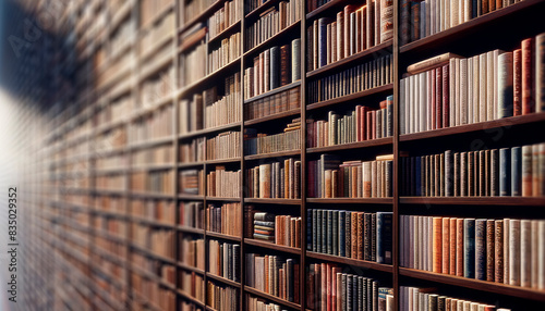 A vast array of books on wooden shelves, with selective focus, brown background, depicting the concept of a library. Generative AI
