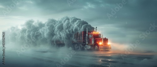 A red semi truck is driving through a snowstorm