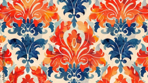 Vibrant floral damask pattern with blue and orange hues. Perfect for fabric design, wallpaper, and background decor.