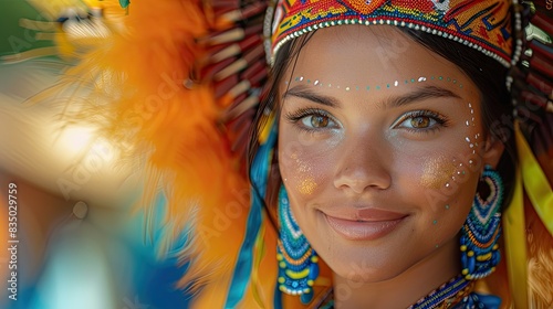 A woman wearing a colorful Indian headdress and gold earrings