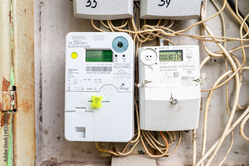 Household electricity meter in the stairwell of an apartment building. Telsiai, Lithuania.05-24-2024.