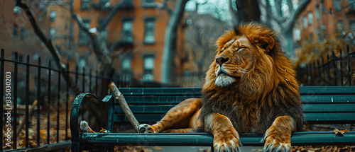 A lion lounging on a park bench in the middle of a city