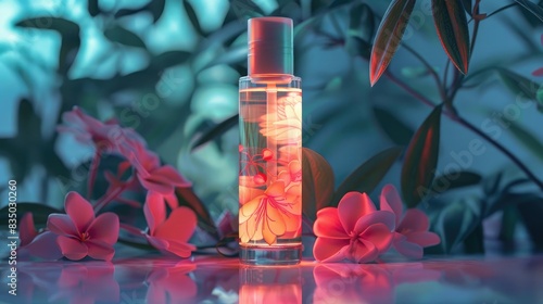 Roll on deodorant bottle with floral illumination atop a glass surface