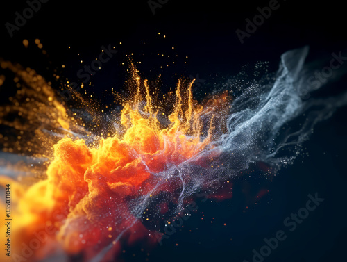 Dynamic interaction between fire and water elements on a dark background, symbolizing opposition and balance. Generative AI
