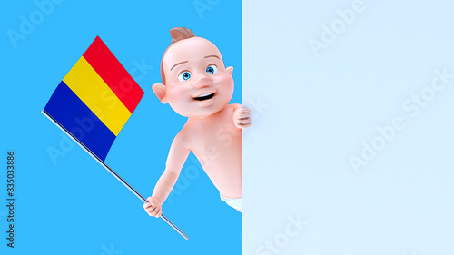 Fun 3D cartoon baby with a flag from romania