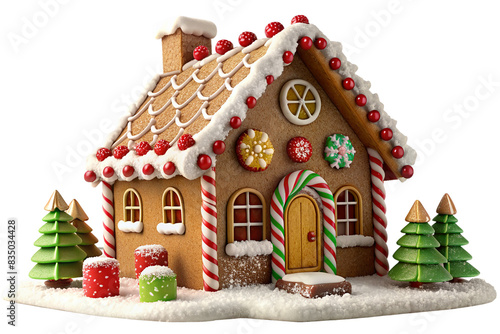 Festive gingerbread house decorated for Christmas with candy and icing, surrounded by snow and Christmas trees.