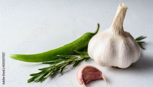garlic with green chili pepper and rosemary on white background