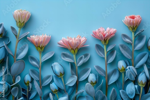 Illustration of gerberas flower buds with blue leaves, on soft pastel blue background, copy space,