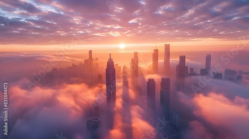 A city skyline partially obscured by low hanging clouds, with tall buildings standing out against the misty sky at sunrise.