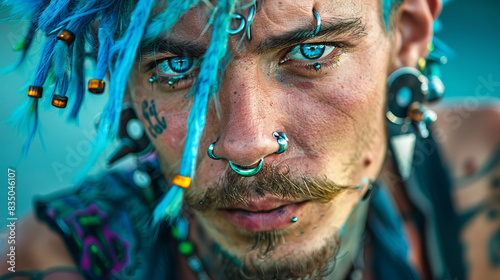 Close-up of a man with blue hair and lots of piercings, his face shows audacity and self-confidence.