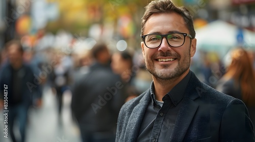 A handsome businessman with glasses and short hair is standing in the middle of an outdoor crowd, smiling at the camera.