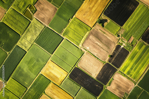 Aerial view of farmland with fields in different colors including green brown and yellow creating a patchwork effect