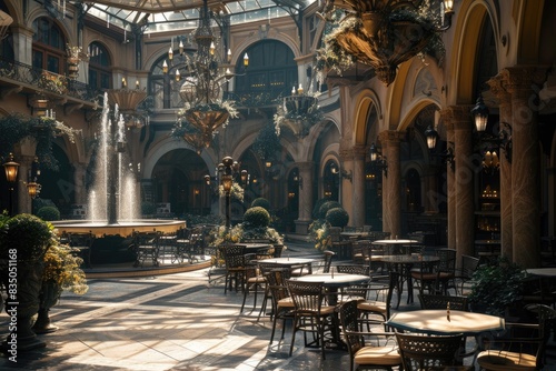 a fountain in a courtyard with potted plants, A grand European plaza with fountains and cafes