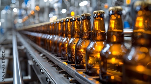 A line of beer bottles on the production line in an industrial production facility, representing commercial photography for packaging and branding purposes.