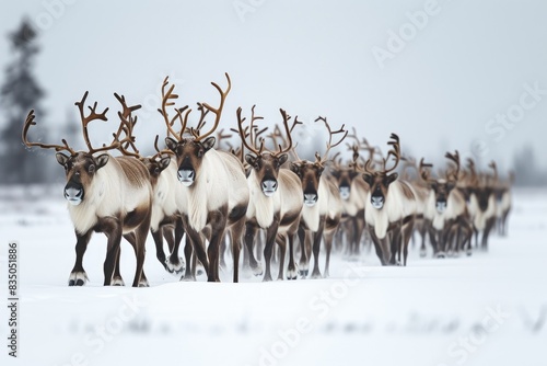 a herd of reindeer running across a snow covered field, A herd of reindeers crossing the snowy landscapes of the Arctic tundra
