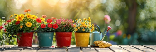 Colorful flowers in pots on wooden deck