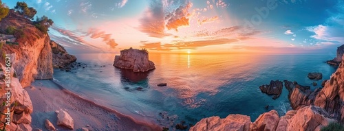 Beautiful colorful sunset over the sea with beach and cliff in summer time.