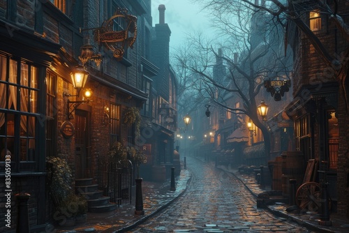 a street with a lamp post and a building, A Victorian-era London street with cobblestones and gas lamps