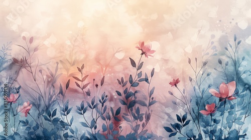 Botanical Watercolor: Capture a background featuring delicate botanical elements painted in watercolor, with soft, flowing colors and natural